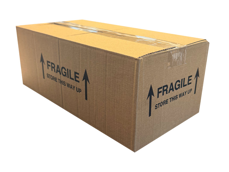 Cardboard box with 'Fragile Store This Way Up' labels on a white background
