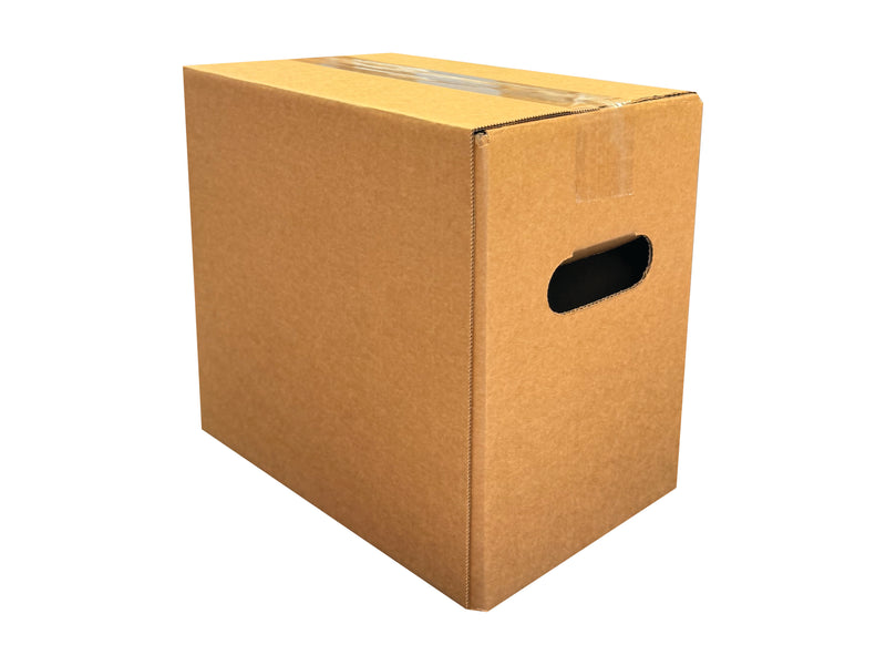 Brown cardboard box with a handhole on a white background
