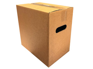 Brown cardboard box which measures 290mm x 190mm x 285mm on a white background