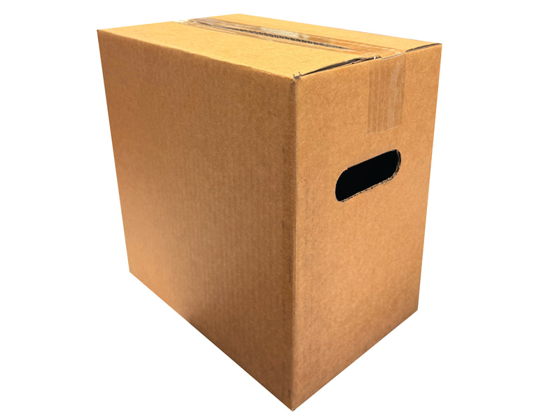 Brown cardboard box which measures 290mm x 190mm x 285mm on a white background