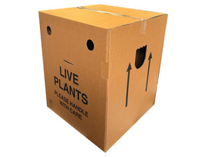 A closed cardboard box, printed with 'live plants' and 'handle with care'