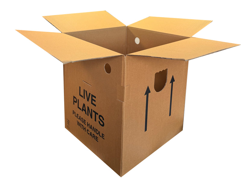 A large, printed box, for packing live plants.