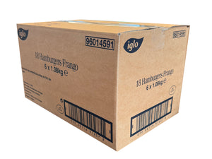 Cardboard box with Iglo branding and product details on a white background