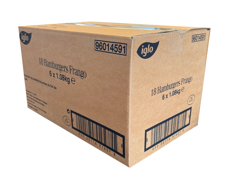 Cardboard box with Iglo branding and product details on a white background