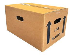 A closed box, with handholes and 'live plants' printed on the end panels. 