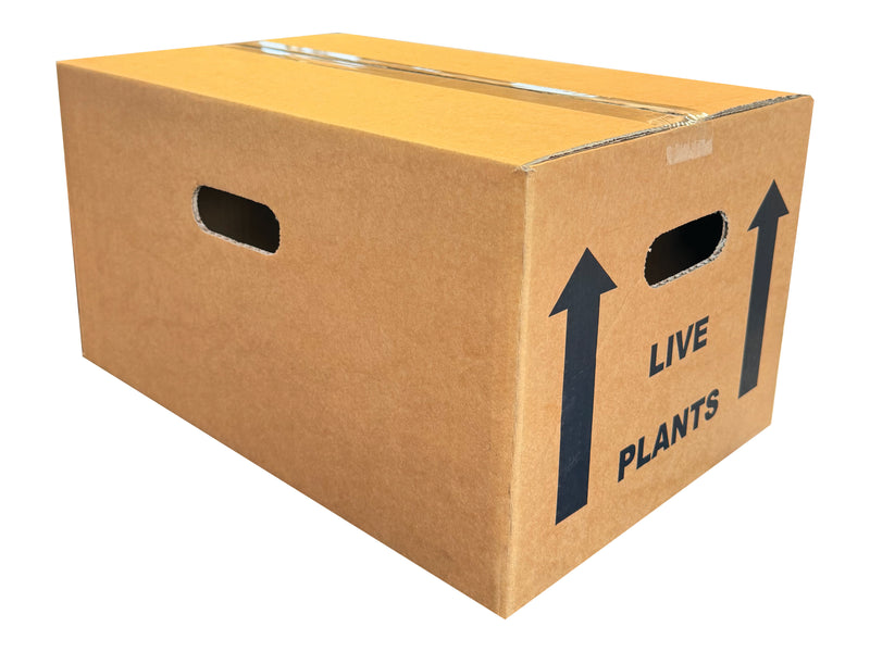 A closed box, with handholes and 'live plants' printed on the end panels. 