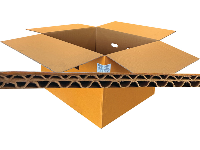 A large, orange coloured box measuring 710mm x 610mm x 400mm, with a view of the board grade flute. 