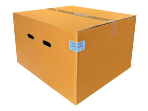 Orange cardboard box with a white label on a white background, measuring 710mm x 610mm x 400mm