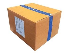Cardboard box with blue tape, measuring 390mm x 328mm x 228mm and a label on one panel