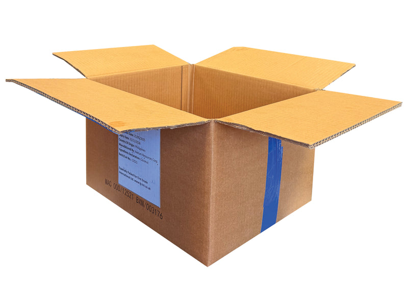 A small, used, removal box which measures 390mm x 328mm x 228mm.