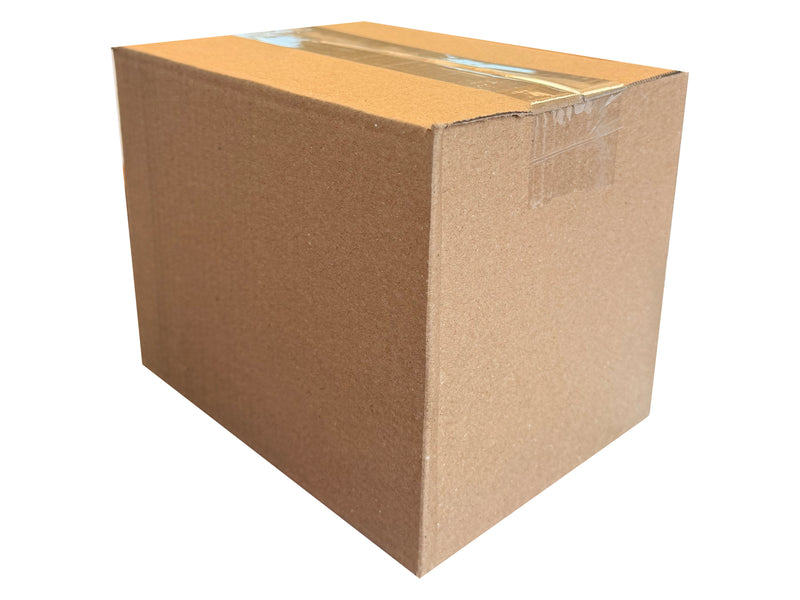 A small, low cost box, closed with clear tape, on a white backdrop