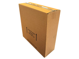 Brown cardboard box measuring 415x140x400mm with printed instructions on a white background