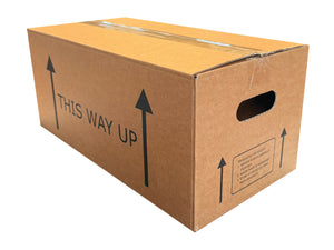 Cardboard box with 'This Way Up' text and arrows on a white background. Designed for packing live plants. 