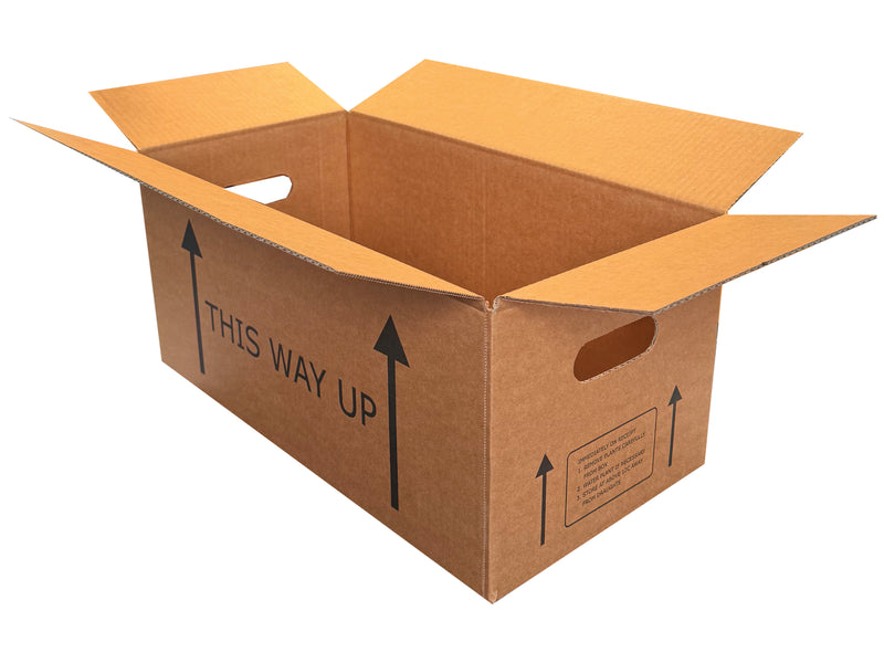 A box designed for packing live plants, with handholes in the end panels. 