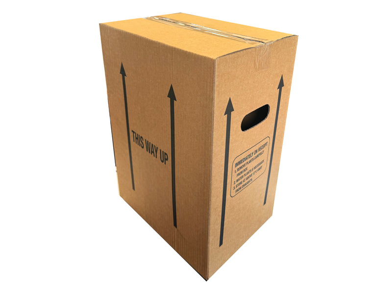 Cardboard box with 'This Way Up' label and 'up' arrows, on a white background
