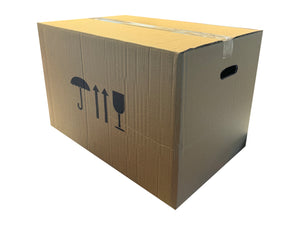 Sealed box with handholes in each end panel, measuring 584mm x 380mm x 385mm