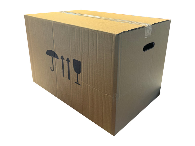 Sealed box with handholes in each end panel, measuring 584mm x 380mm x 385mm