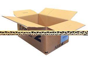 Cardboard box with a visible brand logo on a white background