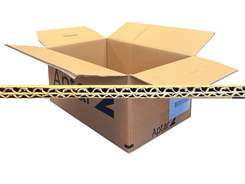 Cardboard box with a visible brand logo on a white background