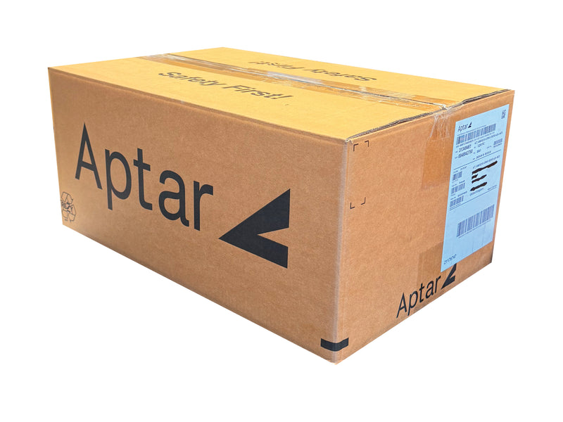 Cardboard box with Aptar branding on a white background
