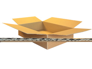 Open cardboard box with a white background and a close up of the EB fluting