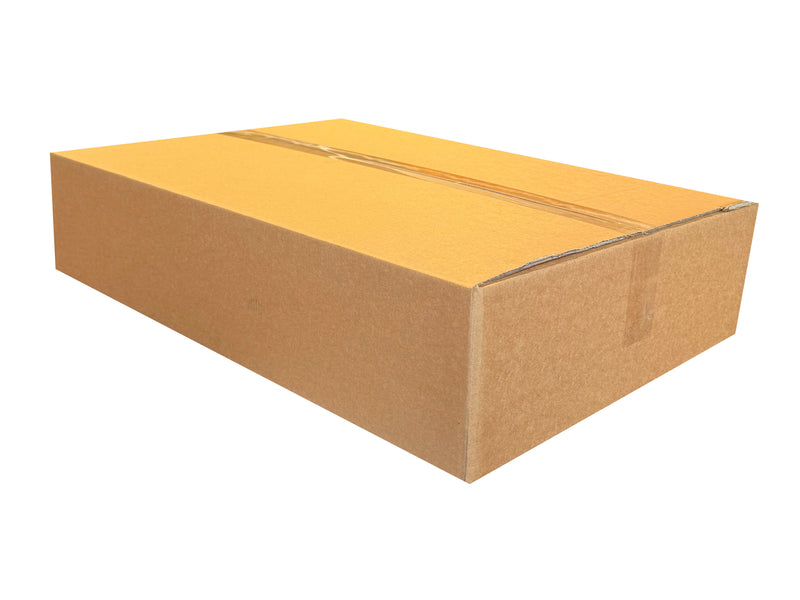 Closed cardboard box on a white background with a narrow long shape