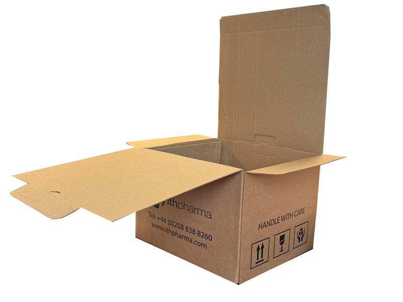 Open cardboard box with 'ITH Pharma' branding and handling instructions on a white background