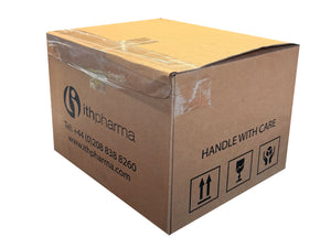 Cardboard box with Ithpharma branding and handling instructions on a white background