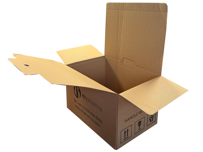 Open cardboard box with visible branding on a white background