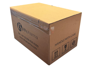 Cardboard box with Ith Pharma branding and 'Handle with Care' label on a white background