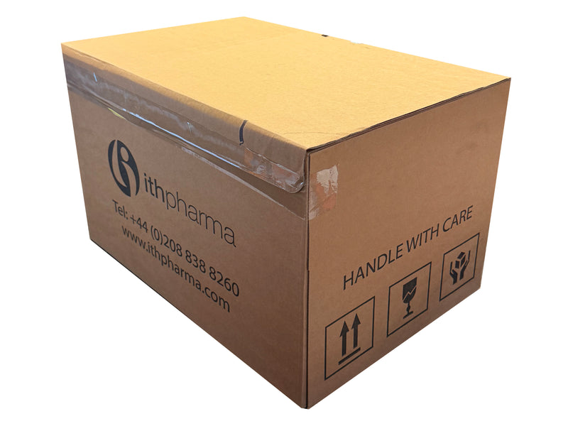 Cardboard box with Ith Pharma branding and 'Handle with Care' label on a white background