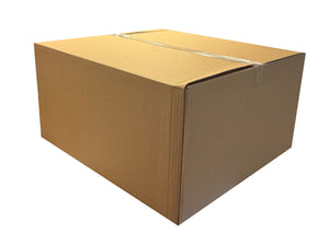 Closed box, with clear tape, measuring 560mm x 515mm x 285mm