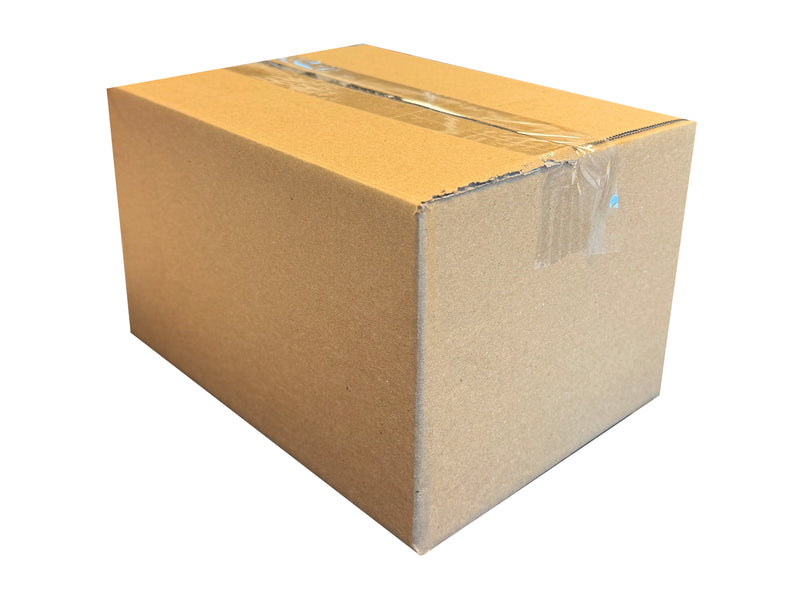 Cardboard box measuring 225mm x 168mm x 131mm, sealed shut with clear plastic tape, on a white background