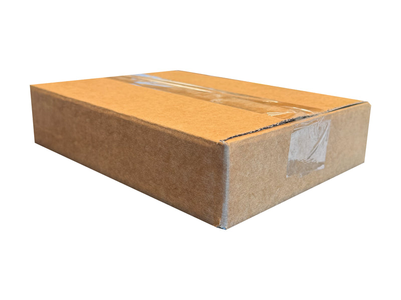 A closed, shallow cardboard box measuring 220mm x 170mm x 45mm
