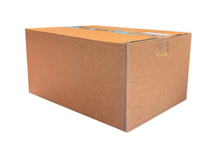 A closed, a4 sized cardboard box at 5.9 inches tall. 