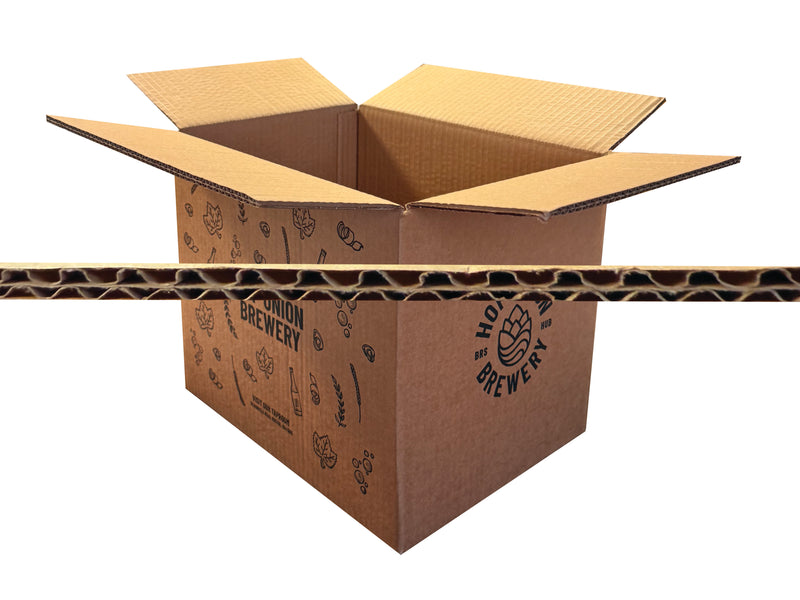 Bottled beer box measuring 320mm x 250mm x 265mm, with an image of the board profile. 