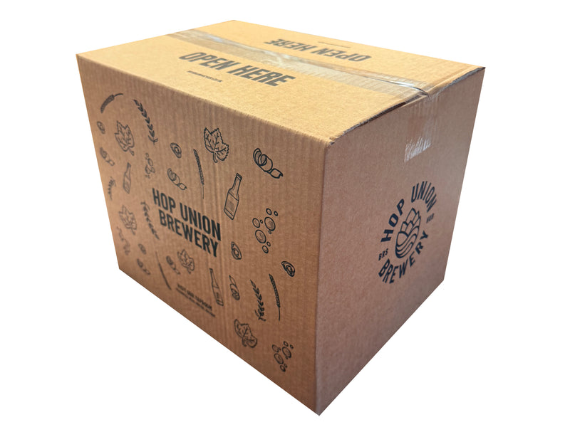 Bottled beer box, with branding, closed with clear tape
