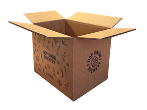 beer bottle box, with branding, measuring 320mm x 250mm x 265mm