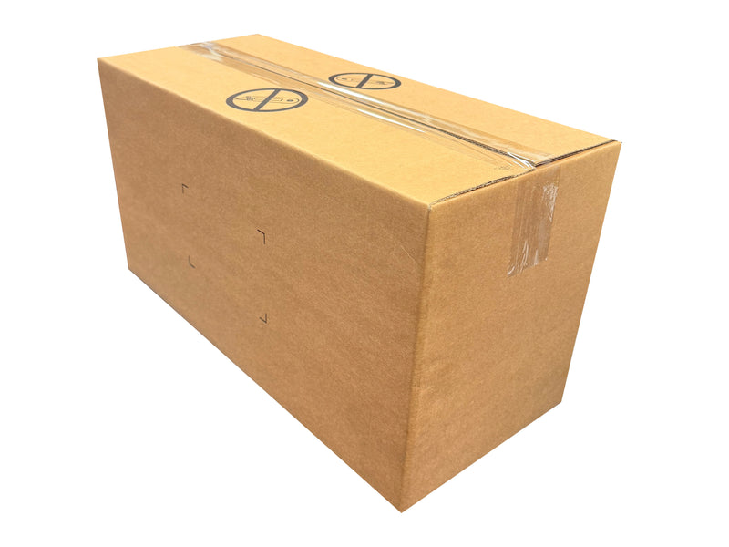 A closed box, with packing marks printed on the top flaps