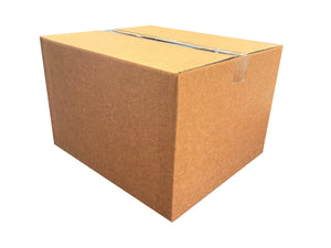 A plain, medium sized box sealed with clear tape