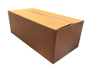 Box measuring 515mm x 260mm x 185mm in a strong double wall board, closed with clear tape