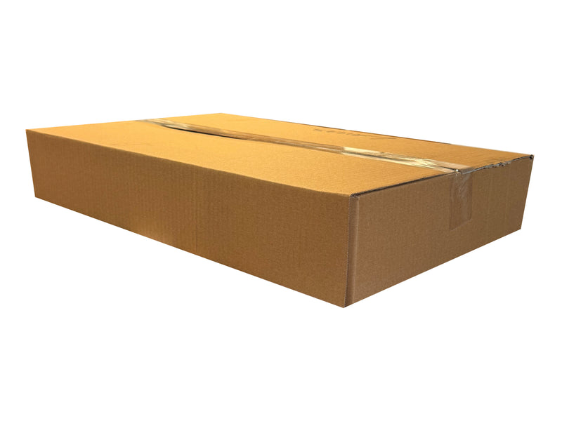 Closed, shallow box measuring  525mm x 350mm x 88mm