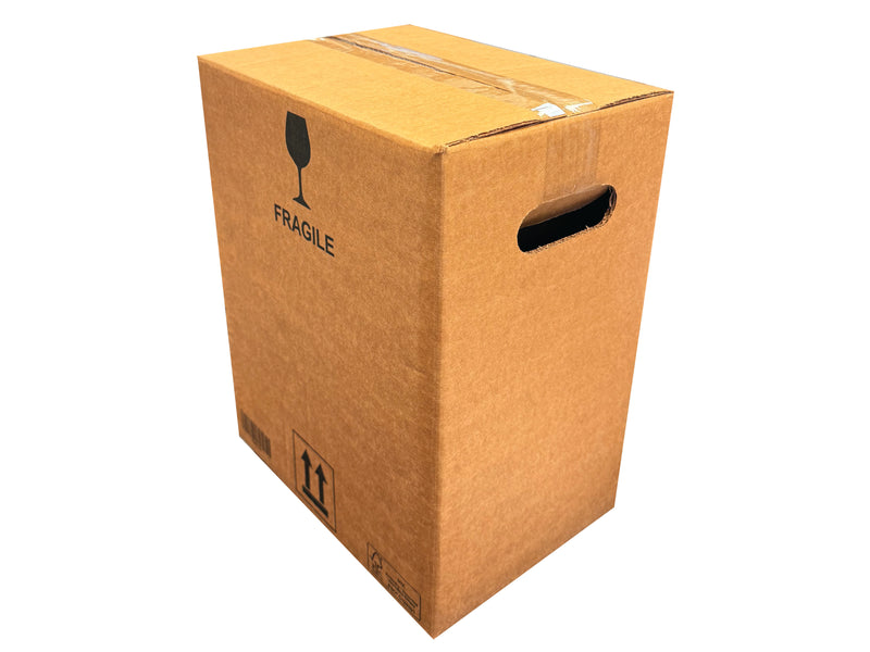 A closed, printed, double wall box showing the hand hole in the end panel