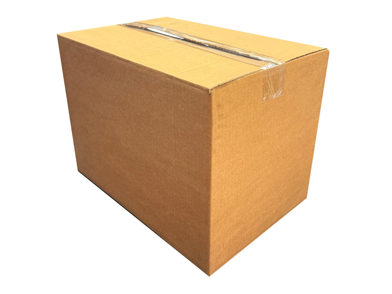 A plain box measuring 375mm x 250mm x 255mm, closed with clear tape