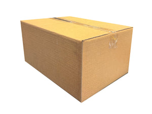 A closed cardboard box, sealed with clear tape that measures 380mm x 280mm x 175mm
