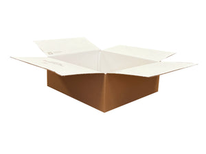 A brown box with a white interior, measuring 490mm x 430mm x 165mm