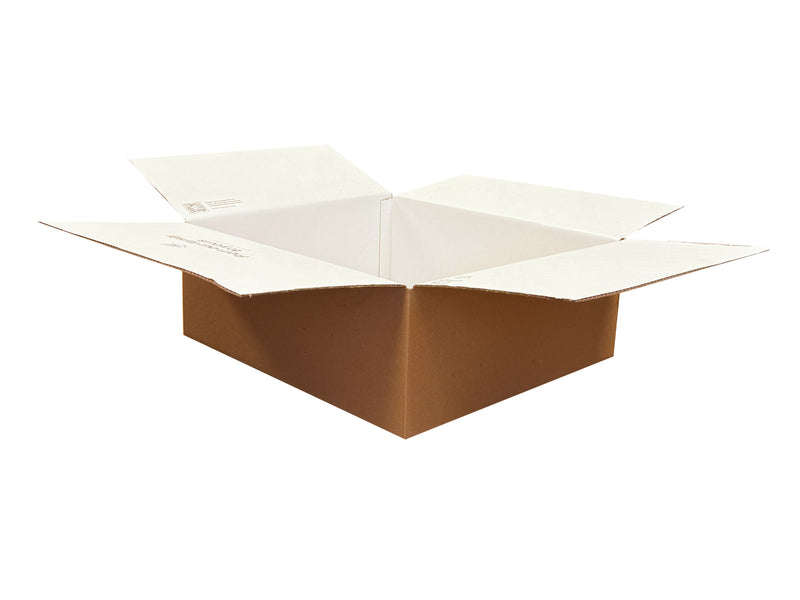 A brown box with a white interior, measuring 490mm x 430mm x 165mm