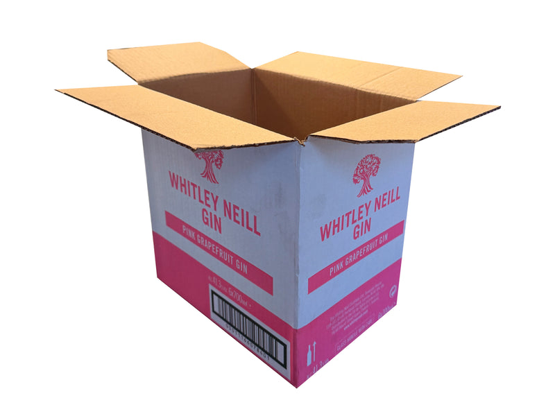 Cardboard box with Whitley Neill Gin branding on a white background