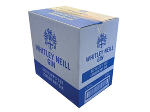 blue and white box taped at the top and bottom on a white background