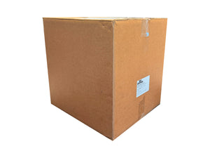 a photo of a used box that has been taped at the top and the bottom with white background behind